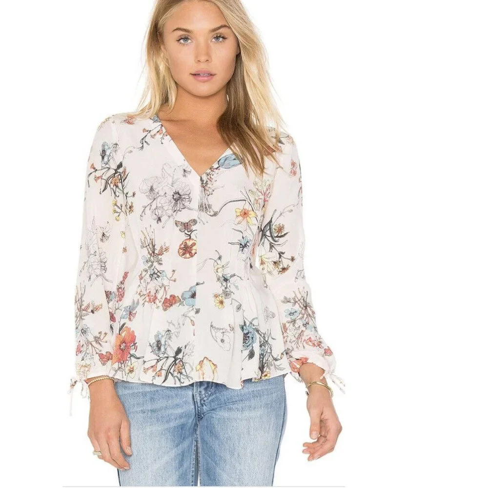 Rebecca Taylor 100%Silk Long Tie Sleeve Meadow Floral Top Pink Combo V-neck 2 - Picture 1 of 15